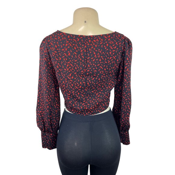 Dynamite Black & Red Long Sleeve Cropped Blouse With Square Neckline Size XS - Picture 3 of 8
